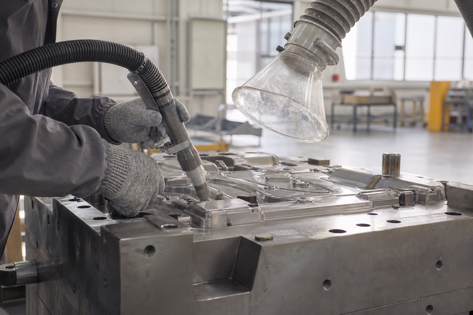 분진 회수 후드를 갖춘 자리에서 금형 표면에 레이저 세정 헤드를 대고 작업하는 장면
