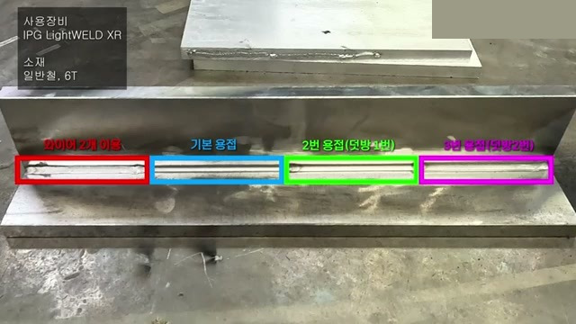 보유 설비 실작업 — 일반철 6mm 시편에 조건을 바꿔 놓은 비드 비교(화면 표기 4종)